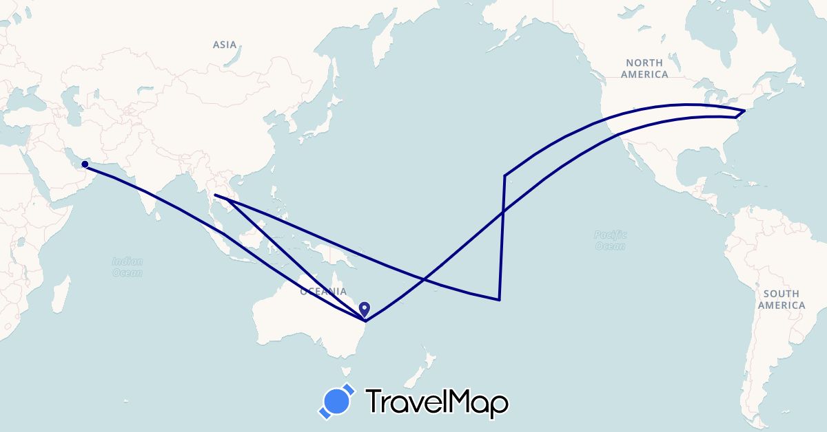 TravelMap itinerary: driving in United Arab Emirates, Australia, Cook Islands, Cambodia, Singapore, Thailand, United States (Asia, North America, Oceania)